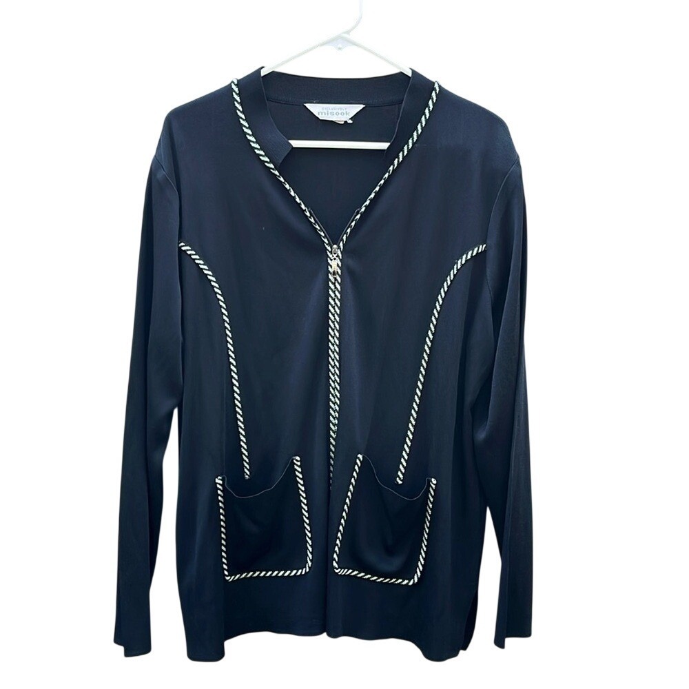 Exclusively Misook Women's Black Jacket Cardigan Sz Large Green Trim  Zip‎ Front